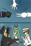  2boys 2koma admiral_(kantai_collection) admiral_(kantai_collection)_(cosplay) c.c. code_geass comic cosplay creayus green_hair kantai_collection kururugi_suzaku lelouch_lamperouge multiple_boys rock_paper_scissors sheath shimakaze_(kantai_collection) shimakaze_(kantai_collection)_(cosplay) sword thighhighs translated unsheathing weapon 