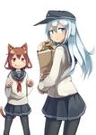  &gt;:) :q animal_ears bad_id bad_pixiv_id blue_eyes brown_eyes brown_hair cat_ears cat_tail doughnut food golden_chocolate hat hibiki_(kantai_collection) ikazuchi_(kantai_collection) kantai_collection kemonomimi_mode long_hair long_sleeves mister_donut multiple_girls pantyhose school_uniform serafuku short_hair silver_hair smile tail tongue tongue_out u_(mikaduki0720) v-shaped_eyebrows white_background 