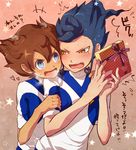  angry bad_id bad_pixiv_id blue_hair blush brown_hair earth_eleven english gift heart inazuma_eleven_(series) inazuma_eleven_go inazuma_eleven_go_galaxy male_focus matsukaze_tenma multiple_boys open_mouth soccer_uniform sportswear star translation_request tsurugi_kyousuke valentine yamaki_suzume yaoi yellow_eyes 