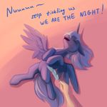  equine eyes_closed feather floppy_ears friendship_is_magic horn horse human i_am_the_night laugh lying mammal my_little_pony on_back open_mouth pony princess_luna_(mlp) smile sokolas spread_wings tickling winged_unicorn wings 