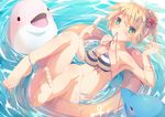  amanatsu_yuzuka anklet armpits barefoot bikini blonde_hair blush bracelet breasts cleavage dolphin flower food front-tie_top green_eyes hair_flower hair_ornament hibiscus impossible_clothes innertube jewelry large_breasts mouth_hold ocean original partially_submerged ponytail popsicle short_hair skindentation solo striped striped_bikini swimsuit untied water wet 