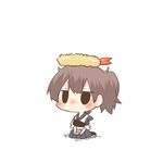  black_eyes blush brown_hair chibi food kaga_(kantai_collection) kantai_collection lowres muneate object_on_head rebecca_(keinelove) short_hair shrimp shrimp_tempura side_ponytail sitting solo tempura 