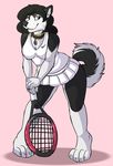  anthro anuvia black_fur black_nose breasts canine clothed clothing dog female fur husky jewelry looking_at_viewer mammal pink_eyes plain_background shadow solo spread_legs spreading standing tennis_racket white_fur 