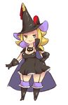  black_dress black_gloves black_mage black_mage_(cosplay) blonde_hair blush_stickers boots bravely_default:_flying_fairy bravely_default_(series) breasts cape cleavage cosplay dress edea_lee garter_straps gloves green_eyes hand_on_hip hat inkerton-kun medium_breasts smile solo thick_thighs thigh_boots thighhighs thighs white_background wide_hips witch_hat 