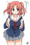  :o artist_name blush flying_sweatdrops mikakunin_de_shinkoukei pink_hair purple_eyes school_uniform signature skirt solo translated tsukudani_norio two_side_up yonomori_kobeni 