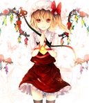  arm_ribbon ascot backlighting bad_id bad_pixiv_id black_legwear blonde_hair bow bug butterfly daimaou_ruaeru flandre_scarlet flower hat hat_bow highres insect laevatein looking_at_viewer mob_cap petals red_eyes red_flower red_rose ribbon rose shirt side_ponytail skirt skirt_set smile solo thighhighs touhou vest wings zettai_ryouiki 