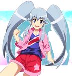  alternate_costume blue_eyes blue_hair blue_shirt blush collarbone cure_princess happinesscharge_precure! highres jacket long_hair md5_mismatch precure shirayuki_hime shirt shorts sidelocks smile solo tom_(drpow) twintails 