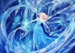  absurdres alcd blonde_hair blue_eyes dress elsa_(frozen) frozen_(disney) highres ice long_hair looking_at_viewer looking_back magic smile solo 