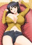  bean_bag_chair black_hair breasts brown_eyes denim denim_shorts highres large_breasts long_hair looking_at_viewer muji_body_fitting_sofa navel open_mouth original satou_chagashi short_shorts shorts solo thighs twintails 