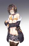  bad_id bad_pixiv_id belt bikini_lift bikini_pull bikini_top blade_&amp;_soul blush bow breasts brown_eyes brown_hair coat collar fur_trim glasses gradient gradient_background groin hair_bow kuro_(kuronell) large_breasts looking_at_viewer miniskirt navel nipple_press nipples pubic_hair short_hair skirt solo standing thighhighs zettai_ryouiki zipper 