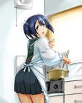  :d apron back blue_eyes blue_hair blush cooking dish japanese_clothes jewelry kantai_collection kappougi kitchen looking_back open_mouth pot ring skirt smile solo souryuu_(kantai_collection) spoon tabigarasu_(mahjong_yuugen_gaisha_58) twintails 