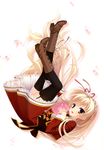  absurdres amairo_islenauts black_legwear blonde_hair book boots brown_eyes cherry_blossoms cross-laced_footwear full_body garter_straps hair_ribbon highres kobuichi long_hair looking_at_viewer petals ribbon school_uniform shirley_warwick smile solo thighhighs upside-down 