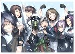  6+girls :d \m/ admiral_(kantai_collection) arms_up black_gloves black_vest blue_eyes blush brown_eyes brown_hair cherry_blossoms chitose_(kantai_collection) clapping closed_eyes collared_shirt crossed_arms eyepatch fingerless_gloves gas_mask gloves grin hair_ornament hairclip hetza_(hellshock) hyuuga_(kantai_collection) jewelry kaga_(kantai_collection) kantai_collection long_hair looking_at_viewer maya_(kantai_collection) mechanical_halo military military_uniform multiple_girls muscle neck_ribbon open_mouth ponytail purple_hair red_ribbon revision ribbon ring school_uniform shiranui_(kantai_collection) shirt short_hair skirt smile tatsuta_(kantai_collection) tears tenryuu_(kantai_collection) uniform vest wedding_band x_hair_ornament yellow_eyes 