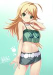  ahoge blonde_hair breasts character_name cleavage green_eyes highres hoshii_miki idolmaster idolmaster_(classic) long_hair looking_at_viewer maitake_(loose) md5_mismatch medium_breasts midriff navel shorts smile solo stomach 