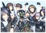  6+girls :d \m/ admiral_(kantai_collection) arms_up black_gloves black_vest blue_eyes blush brown_eyes brown_hair cherry_blossoms chitose_(kantai_collection) clapping closed_eyes collared_shirt crossed_arms eyepatch fingerless_gloves gas_mask gloves grin hair_ornament hairclip hetza_(hellshock) hyuuga_(kantai_collection) jewelry kaga_(kantai_collection) kantai_collection long_hair looking_at_viewer maya_(kantai_collection) mechanical_halo military military_uniform multiple_girls muscle neck_ribbon open_mouth ponytail purple_hair red_ribbon ribbon ring school_uniform shiranui_(kantai_collection) shirt short_hair skirt smile tatsuta_(kantai_collection) tears tenryuu_(kantai_collection) uniform vest wedding_band x_hair_ornament yellow_eyes 