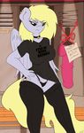  anthro blonde_hair breasts clothing collar derpy_hooves_(mlp) dildo ear_piercing equine erect_nipples female friendship_is_magic glare hair horse legwear locker_room mammal my_little_pony nipples panties partially_clothed pegasus piercing replica_(artist) sex_toy shirt solo standing stockings thong underwear wings 