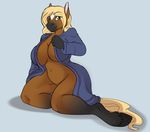  anthro anuvia big_breasts blonde_hair bottomless breasts brown_fur clothing equine female fur green_eyes hair hooves horse looking_at_viewer mammal navel open_shirt plain_background shirt sitting solo 