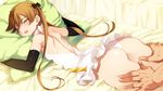  1girl achilles_(eiyuu_senki) ass back bare_back bare_shoulders bed blush eiyuu_senki game_cg indoors male_hand ooyari_ashito protagonist_(eiyuu_senki) saliva tenco twintails 