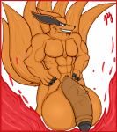  abs anthro balls biceps big_balls black_claws canid canine claws drooling flaccid fox fur glowing_yes grin huge_balls hyper hyper_balls hyper_penis kurama male mammal multi_tail muscular muscular_male naruto orange_fur pecs penis pfh red_eyes saliva simple_background smile solo teeth triceps vein veiny_penis white_background 
