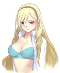  blonde_hair blue_bra blue_eyes blush bra breasts celia_kumani_entory cleavage drill_hair hairband large_breasts long_hair looking_at_viewer open_clothes open_shirt sakamoto_mineji shirt simple_background sketch solo underwear upper_body walkure_romanze white_background 