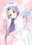  blush bouquet dress flower hatsuharu_(kantai_collection) kantai_collection kimura_shiki long_hair looking_at_viewer petals ponytail purple_hair red_eyes rose short_eyebrows smile solo tears translated wedding_dress white_flower white_rose 