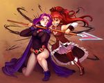  battle boots bow commentary commission crossover dc_comics duel english_commentary food forehead_jewel grey_skin hair_bow kneeling leotard long_hair magical_girl mahou_shoujo_madoka_magica multiple_girls pocky polearm purple_hair raven_(dc) red_hair sakura_kyouko sane-person short_hair spear teen_titans thighhighs weapon 