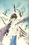  1boy arms_at_sides bird bird_wings clamp denim flock grey_eyes hair_blowing highres jeans light_particles looking_back loose_clothes loose_shirt male_focus official_art pants parted_lips seagull shirou_kamui shirt short_hair short_sleeves solo surrounded thick_eyebrows traditional_media white_shirt wind wings x_(manga) 