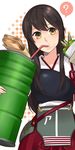  :t ? akagi_(kantai_collection) ammunition armor bauxite brown_hair drinking drinking_straw drum_(container) food ilris japanese_clothes kantai_collection long_hair muneate sandwich solo spoken_question_mark yellow_eyes 