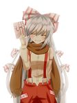  blush bow closed_eyes commentary_request facing_viewer fujiwara_no_mokou gift grey_hair hair_bow highres indo_(mdtanaka2007) long_hair pants revision scarf simple_background smile solo suspenders touhou white_background 