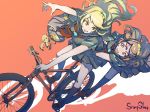  2girls bag bangs bicycle black_skirt blonde_hair ground_vehicle headpiece highres hikari_(xenoblade_2) homura_(xenoblade_2) long_hair multiple_girls neckerchief nintendo nopon open_mouth pleated_skirt red_hair sailor_collar school_uniform serafuku shirt short_hair short_sleeves shrimqsleeq siblings simple_background sisters skirt smile swept_bangs thighhighs tiara xenoblade_(series) xenoblade_2 yellow_eyes 