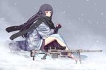 bangs bare_legs bipod black_hair bolt_action cheytac_m200 fingerless_gloves from_side full_body geta gloves gun hands_clasped long_hair no_socks original own_hands_together red_eyes rifle sakamoto_mineji sandals scarf scope sitting sniper_rifle snow solo weapon 