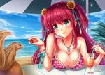  aqua_eyes bad_id bad_pixiv_id beach bikini blush breasts cellphone cleavage cloud day drink jewelry large_breasts long_hair miazi necklace ocean original outdoors phone red_hair sky smartphone smile solo squirrel swimsuit tropical_drink twintails water 