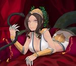  breasts brown_eyes brown_hair cassiopeia_du_couteau claws cleavage highres ilris lamia large_breasts league_of_legends looking_at_viewer lying monster_girl pillow smile snake solo 