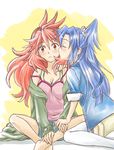  amou_kanade antenna_hair bad_id bad_pixiv_id blue_eyes blue_hair breasts cleavage kazanari_tsubasa kiss link_(aa30) long_hair medium_breasts multiple_girls one_side_up red_eyes red_hair senki_zesshou_symphogear surprise_kiss surprised yuri 