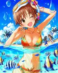  ;d angelfish artist_request beach bikini black_hair bracelet breasts brown_eyes brown_hair cleavage day diving_mask hat honda_mio idolmaster idolmaster_cinderella_girls jewelry jpeg_artifacts long_hair medium_breasts multiple_girls navel necklace ocean official_art one_eye_closed open_mouth orange_bikini outdoors palm_tree partially_submerged partially_underwater_shot pendant shibuya_rin shimamura_uzuki short_hair smile snorkel solo_focus star strap_lift swimsuit tree water 