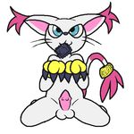  anthro balls barbs begging blue_eyes claws condom cyanzangoose digimon feline feline_penis gatomon gay gloves looking_up low_res male mammal penis pink_penis plain_background sharp_teeth sitting solo teeth white_background 