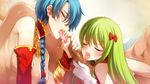  1boy 2girls 5pb. blue_hair censored cum cum_in_mouth eiyuu_senki facial fellatio gloves green_hair group_sex jewelry kublai_khan_(eiyuu_senki) licking long_hair lots_of_jewelry marco_polo_(eiyuu_senki) multiple_fellatio multiple_girls necklace ooyari_ashito open_mouth oral penis protagonist_(eiyuu_senki) purple_eyes sex teamwork tenco threesome tongue yellow_eyes 