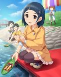  black_eyes black_legwear blue_hair blue_sky bracelet bridge cloud day frills grass hair_ornament hairclip hina_ningyou hinamatsuri idolmaster idolmaster_cinderella_girls ikebukuro_akiha jewelry jpeg_artifacts leaf_boat light_smile looking_at_viewer matsuo_chizuru multiple_girls official_art okazaki_yasuha outdoors paper_doll river riverbank short_hair shutou_aoi sky sleeves_pushed_up sleeves_rolled_up spring_(season) squatting thighhighs water zettai_ryouiki 