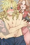  1boy 1girl :d aerith_gainsborough black_bra blonde_hair blush bra brown_hair clenched_teeth cloud_strife eyes_closed final_fantasy final_fantasy_vii hair_ribbon long_hair open_mouth ribbon smile teeth underwear wakakusa-e 