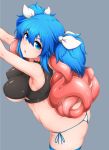  1girl blue_eyes blue_hair breasts coco_ankou female grey_background large_breasts nyame_(coco_ankou) original shiny simple_background solo tentacle twintails underboob 