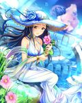  artist_request black_hair bracelet choker dress flood flower hat idolmaster idolmaster_cinderella_girls jewelry long_hair official_art orange_eyes partially_immersed planet sena_shiori_(idolmaster) sitting solo 