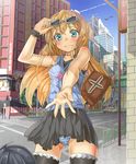  :3 akihabara_(tokyo) bag black_hair blue_eyes brick_wall casual city cross cross_necklace crosswalk day earrings eyewear_on_head fang green_eyes handbag highres jewelry kousaka_kirino kousaka_kyousuke kukkumann long_hair necklace orange_hair ore_no_imouto_ga_konna_ni_kawaii_wake_ga_nai outdoors outstretched_arm outstretched_hand panties pantyshot pavement real_world_location short_hair striped striped_panties sunglasses taxi thighhighs tokyo_(city) underwear 