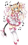  :d animal_ears beamed_eighth_notes blonde_hair blouse blue_eyes bracelet breasts cat_ears cat_tail eighth_note elbow_gloves frilled_shirt frilled_skirt frills gloves high_heels highres jewelry kamiya_tomoe large_breasts long_hair microphone musical_note necktie open_mouth original ribbon shirt skirt smile solo tail tail_ribbon thighhighs white_legwear 