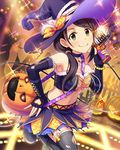 artist_request black_hair choker earrings elbow_gloves gloves halloween hat heart_cutout idolmaster idolmaster_cinderella_girls jack-o'-lantern jewelry looking_at_viewer microphone navel official_art ponytail sparkle star star_earrings thighhighs torn_clothes torn_legwear witch_hat yamato_aki 