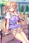  1girl against_railing ahoge aozora_stripe blush bracelet braid brown_hair casual eyes_closed game_cg hair_ribbon highres jewelry long_hair piromizu ribbon sawatari_kotone skirt smile solo tree twin_braids 