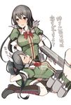  aircraft_catapult banned_artist black_hair boots breasts brown_eyes cannon chikuma_(kantai_collection) closed_eyes cross-laced_footwear dress hair_ribbon kantai_collection knee_boots lace-up_boots lap_pillow large_breasts long_hair medium_breasts multiple_girls open_mouth ribbon smile tetsubuta text_focus tone_(kantai_collection) translation_request turret twintails zzz 