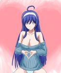  :3 ahoge bare_shoulders blue_eyes blue_hair breasts cleavage drawfag hairband heart heart-shaped_pupils heart_hands highres large_breasts long_hair low_neckline no_bra orie_(under_night_in-birth) panties ribbed_sweater solo striped striped_panties sweater symbol-shaped_pupils under_night_in-birth underwear 
