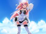  1girl bare_shoulders blush breasts cellphone cloud clouds detached_collar elbow_gloves frills game_cg gloves hair_ornament hair_ribbon hand_on_hip highres legs lens_flare long_hair looking_at_viewer maid maid_headdress open_mouth outdoors outstretched_arm phone pink_eyes pink_hair ribbon serious sky small_breasts solo standing sun sunlight takeya_masami te_to_te_try_on thighhighs thighs twintails two_side_up white_legwear yellow_eyes 