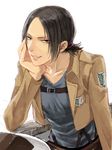  black_hair buckle chin_rest emblem freckles grin jacket paradis_military_uniform ponytail shingeki_no_kyojin short_hair smile smirk survey_corps_(emblem) tegaki uniform yano_(404878) ymir_(shingeki_no_kyojin) 