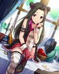  apple artist_request beamed_eighth_notes beamed_sixteenth_notes beamed_thirty-second_notes black_hair dotted_quarter_note double_bun eighth_note english food fruit gloves idolmaster idolmaster_cinderella_girls instrument long_hair musical_note musical_note_print official_art print_legwear purple_eyes quarter_note staff_(music) suzumiya_seika thighhighs treble_clef violin 